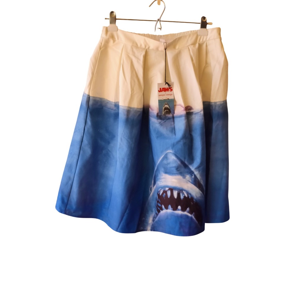 Unique Vintage Skirt Womens L Blue Jaws Great White Shark Swing Pleated Movie - Picture 3 of 6